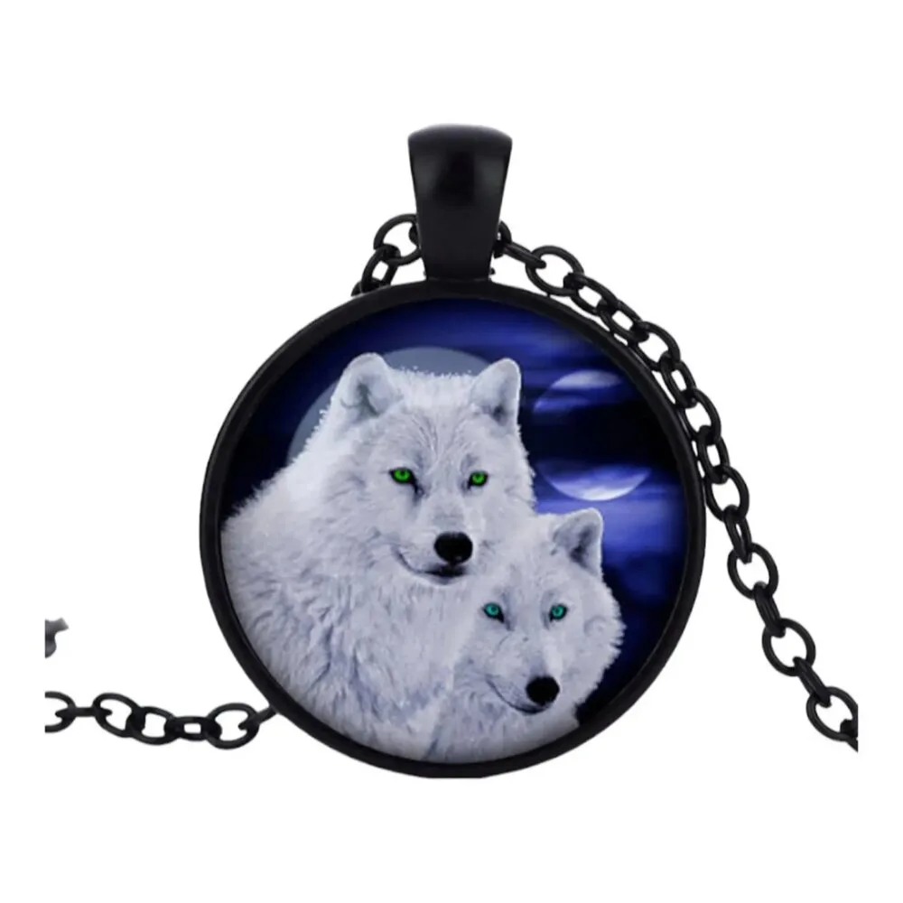 Stainless Steel Cab Black Two White Wolves Night Sky Necklace