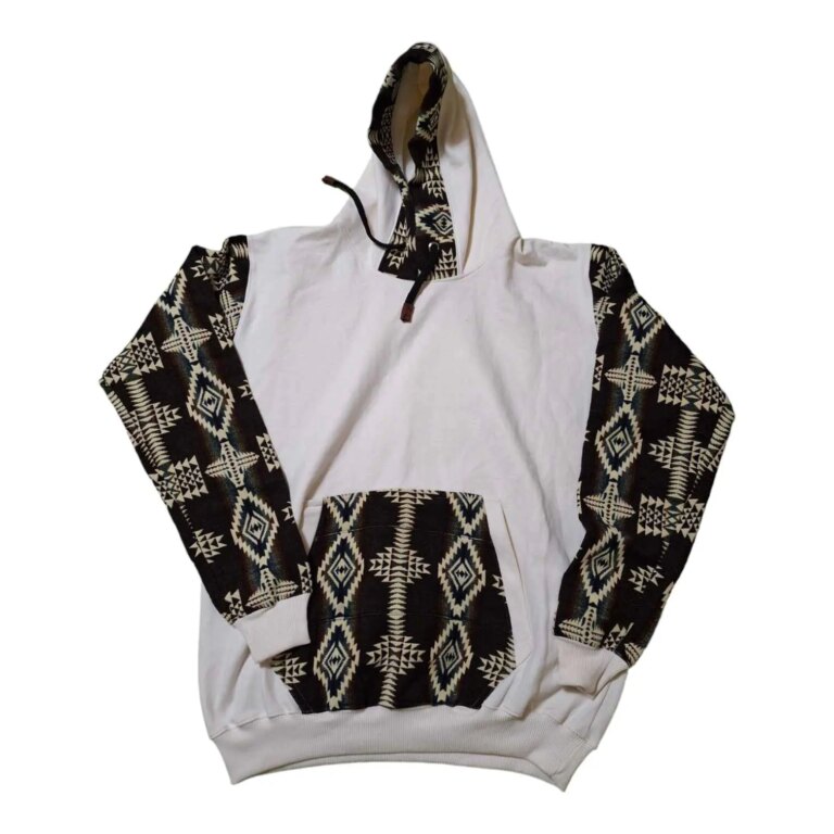Alpaca Wool Hoodie Native Print with Plain Front White Large 1
