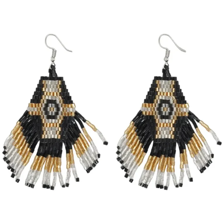 Beaded Earrings Gold Black White Miyuki Beads F12