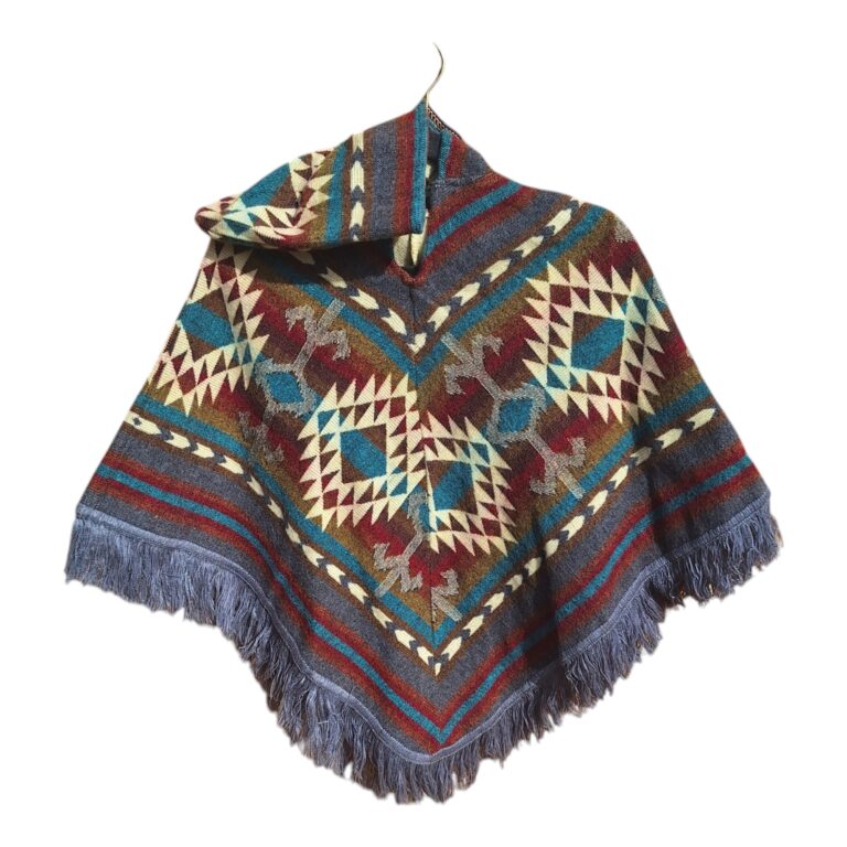 Alpaca Wool Kid's Poncho Dark Grey and Red