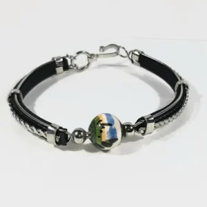 Hand Painted Leather and Silver Bracelet - Round - Green Blue