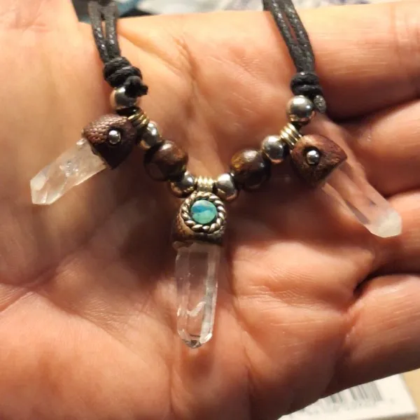 Shaman Quartz Crystal Necklace -3 Stones on Adjustable Black Cord