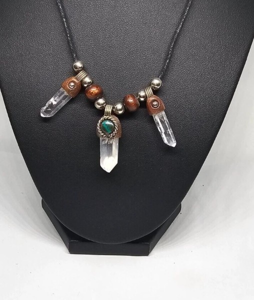 Shaman Quartz Crystal Necklace -3 Stones on Adjustable Black Cord