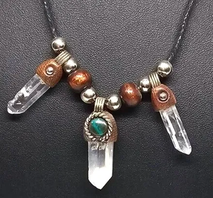 Shaman Quartz Crystal Necklace -3 Stones on Adjustable Black Cord