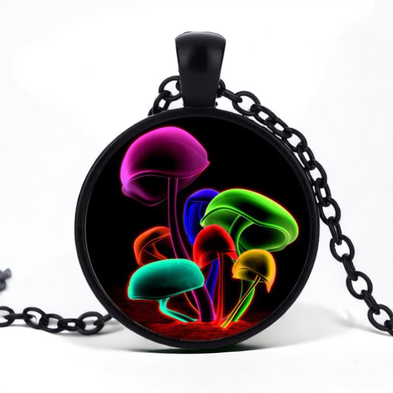 Stainless Steel Cab Black Mushroom Multi Color Black Backgrnd Necklace