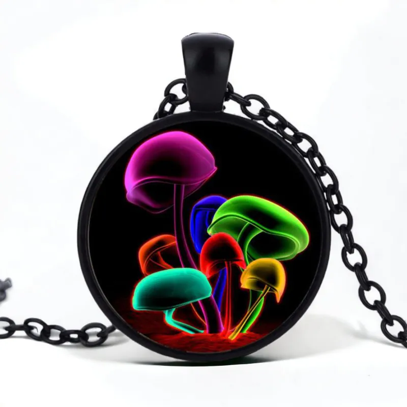 Stainless Steel Cab Black Mushroom Multi Color Black Backgrnd Necklace