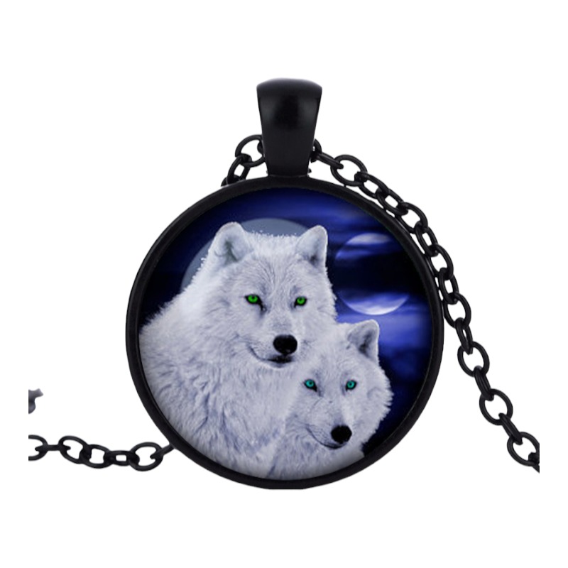 Stainless Steel Cab Black Two White Wolves Night Sky Necklace