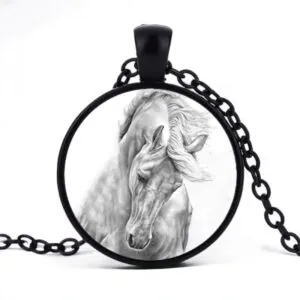 Stainless Steel Cab Black White Horse White Background Necklace
