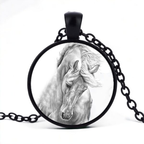Stainless Steel Cab Black White Horse White Background Necklace