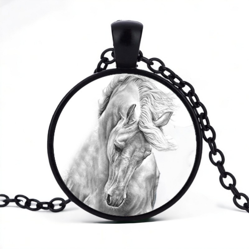 Stainless Steel Cab Black White Horse White Background Necklace