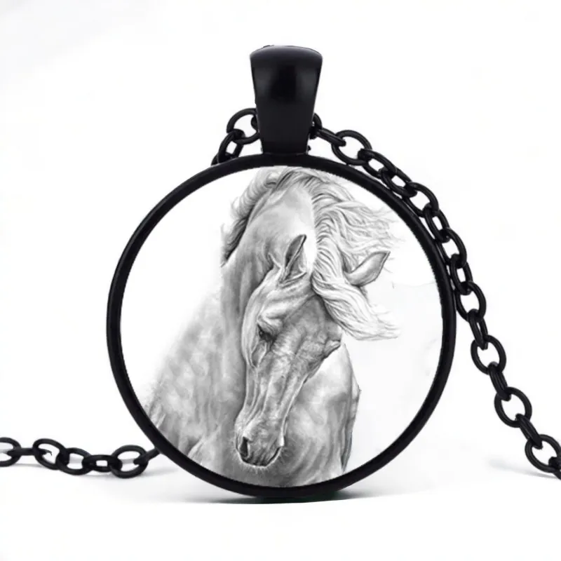 Stainless Steel Cab Black White Horse White Background Necklace