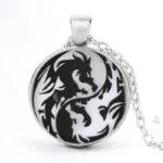 Stainless Steel Cab Silver Dragon Yin Yang Black White Necklace