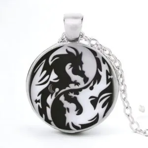 Stainless Steel Cab Silver Dragon Yin Yang Black White Necklace