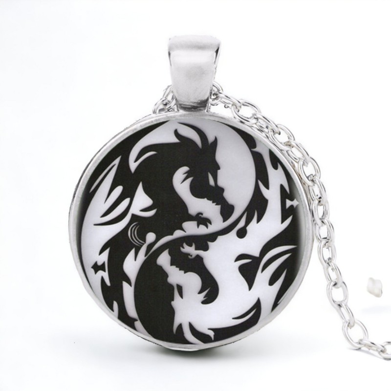 Stainless Steel Cab Silver Dragon Yin Yang Black White Necklace