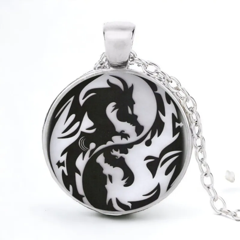Stainless Steel Cab Silver Dragon Yin Yang Black White Necklace