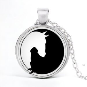 Stainless Steel Cab Silver Horse Head Yin Yang Black White Necklace