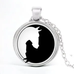 Stainless Steel Cab Silver Horse Head Yin Yang Black White Necklace