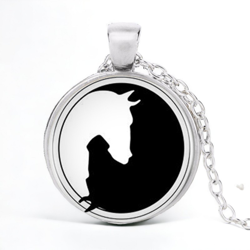 Stainless Steel Cab Silver Horse Head Yin Yang Black White Necklace