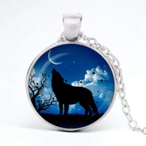 Stainless Steel Cab Silver Howling Wolf Blue Necklace