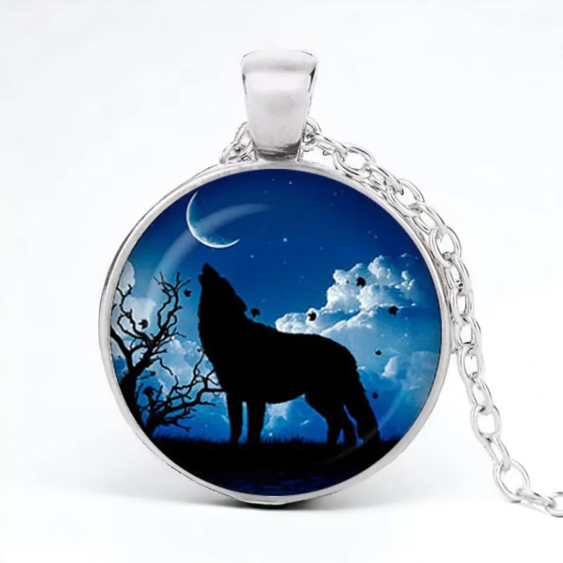Stainless Steel Cab Silver Howling Wolf Blue Necklace