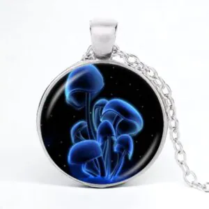 Stainless Steel Cab Silver Multi Mushroom Blue Black Bckgrnd Necklace