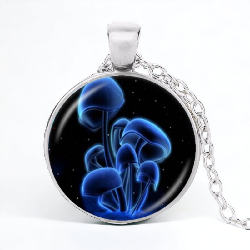 Stainless Steel Cab Silver Multi Mushroom Blue Black Bckgrnd Necklace