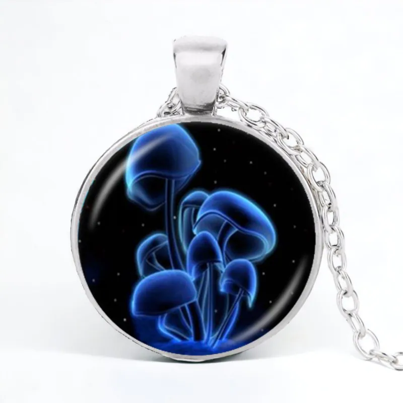Stainless Steel Cab Silver Multi Mushroom Blue Black Bckgrnd Necklace