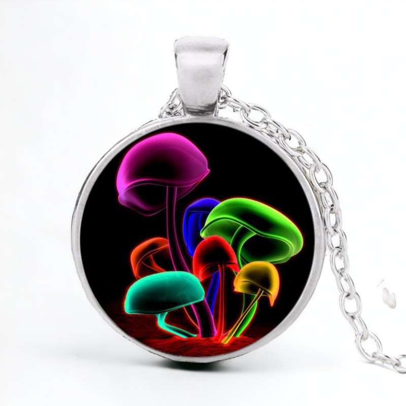 Stainless Steel Cab Silver Mushroom Multi Color Black Bckgrnd Necklace