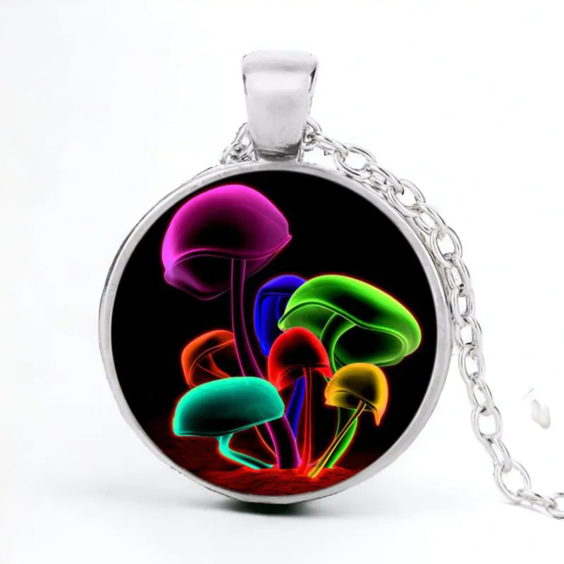 Stainless Steel Cab Silver Mushroom Multi Color Black Bckgrnd Necklace