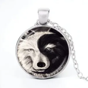 Stainless Steel Cab Silver Wolf Face Yin Yang Black White Necklace