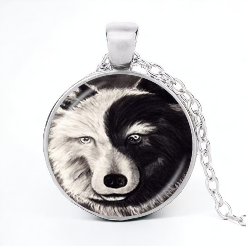 Stainless Steel Cab Silver Wolf Face Yin Yang Black White Necklace