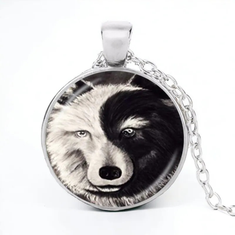 Stainless Steel Cab Silver Wolf Face Yin Yang Black White Necklace