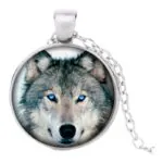 Stainless Steel Cab Silver Wolf Single Face Blue Eyes Necklace