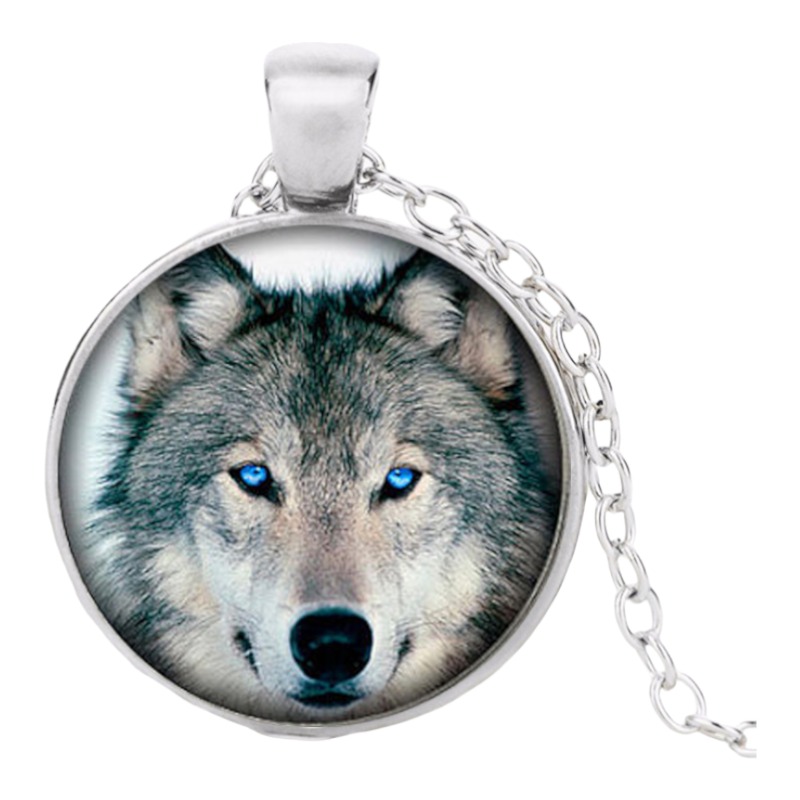 Stainless Steel Cab Silver Wolf Single Face Blue Eyes Necklace
