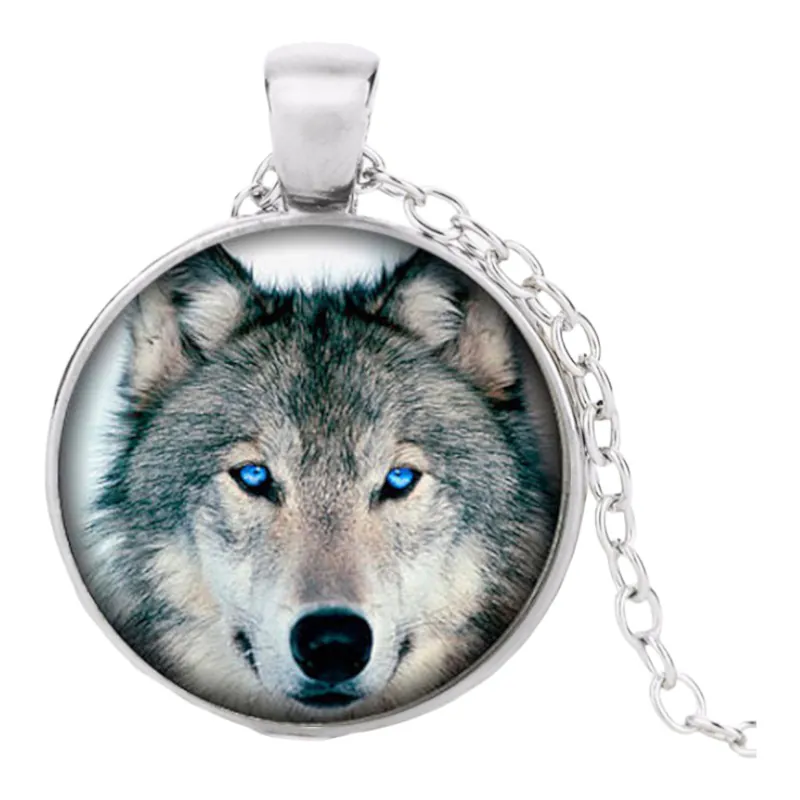 Stainless Steel Cab Silver Wolf Single Face Blue Eyes Necklace