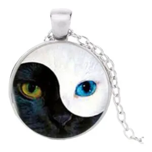 Stainless Steel Cab Silver Yin Yang Cat Eyes Black White Necklace
