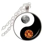 Stainless Steel Cab Silver Yin Yang Moon Sun Black White Necklace