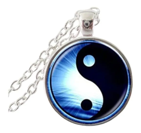 Stainless Steel Cab Silver Yin Yang Night Blue Daylight Blue Necklace