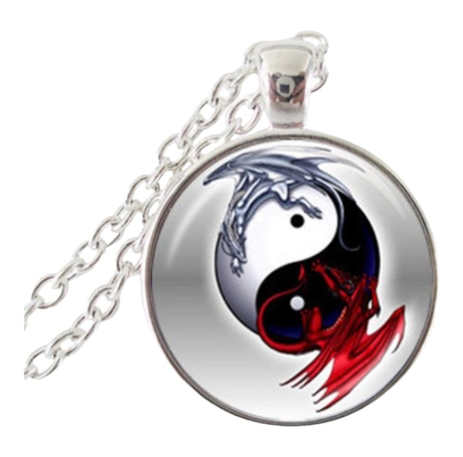 Stainless Steel Cab Silver Yin Yang With Red And Silver Dragons Necklace