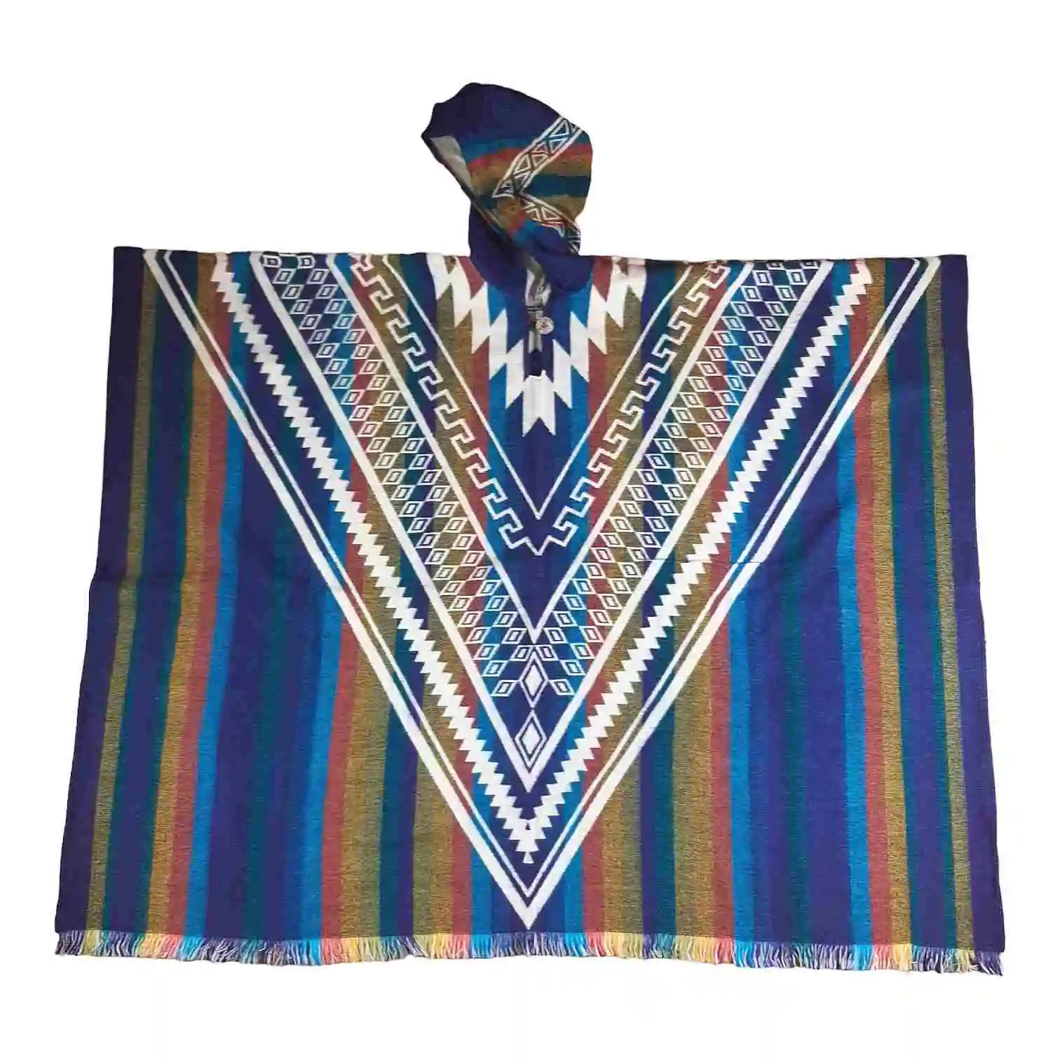 Alpaca Wool Poncho Geometric Blue Style 1