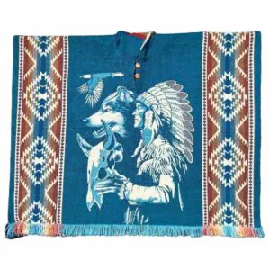 Alpaca Wool Poncho Dark Teal With Native Style