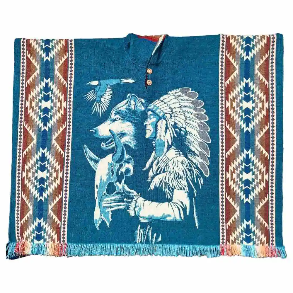 Alpaca Wool Poncho Dark Teal With Native Style