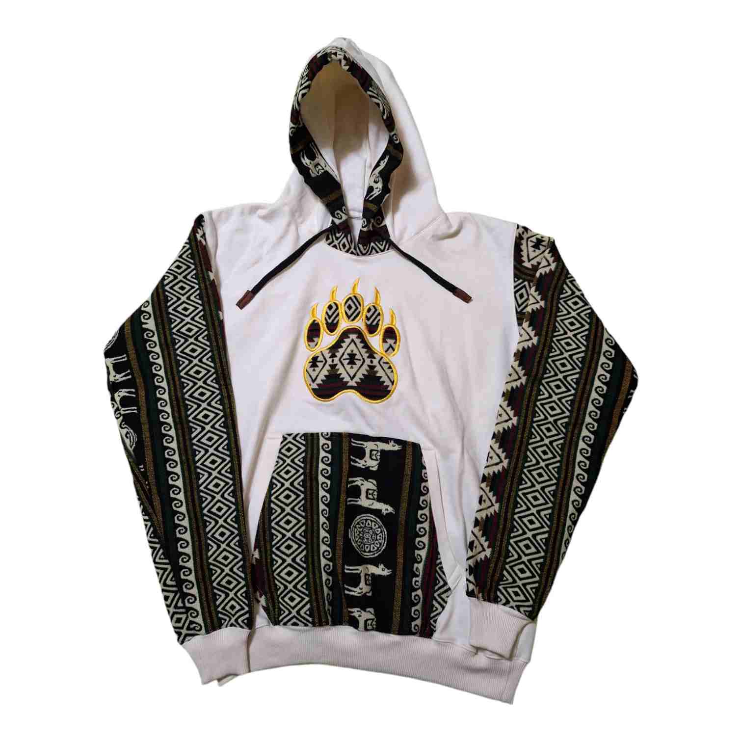 Alpaca Wool Hoodie Native Print with Bear Paw White Medium 1