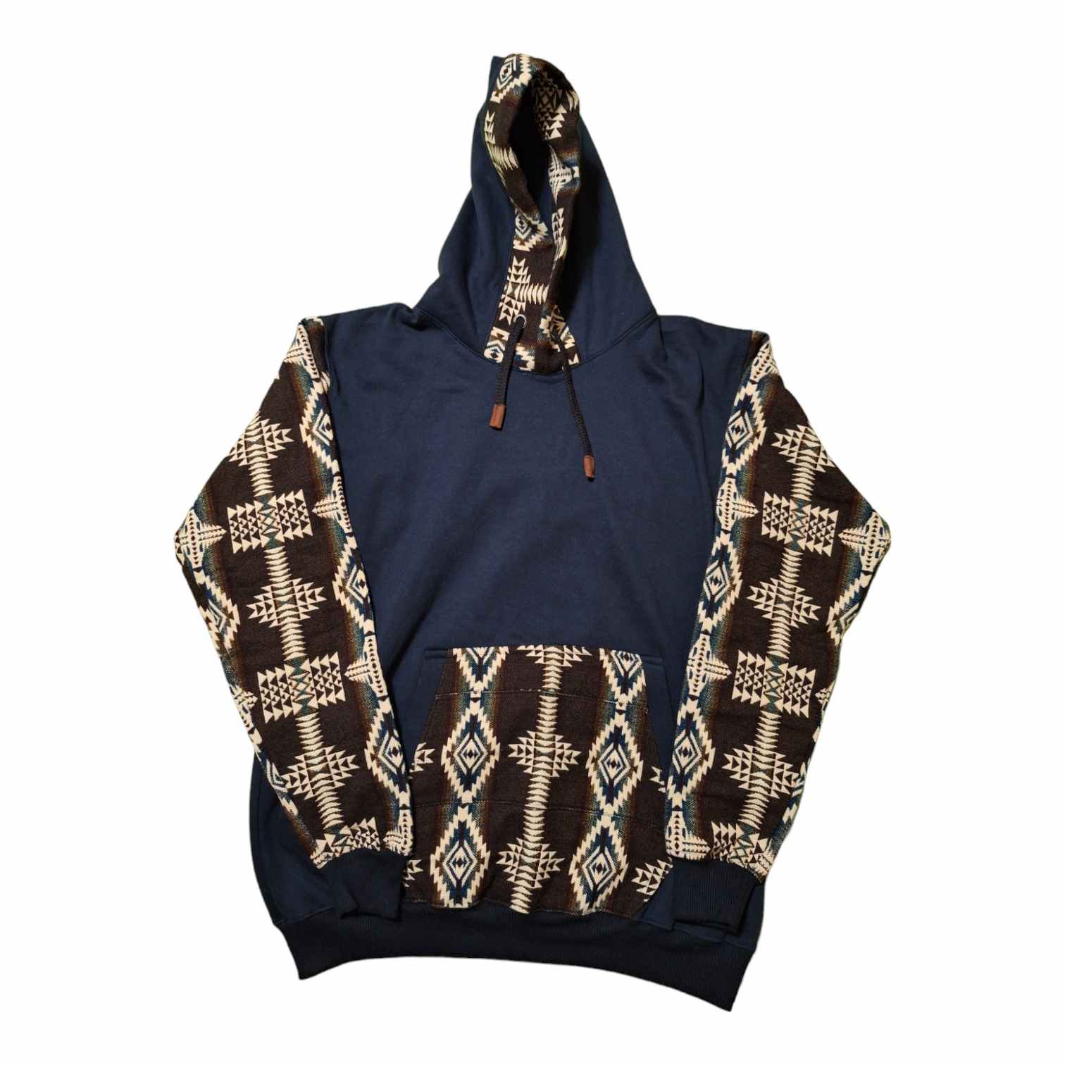 Alpaca Wool Hoodie Native Print with Plain Front Midnight Blue Large 1