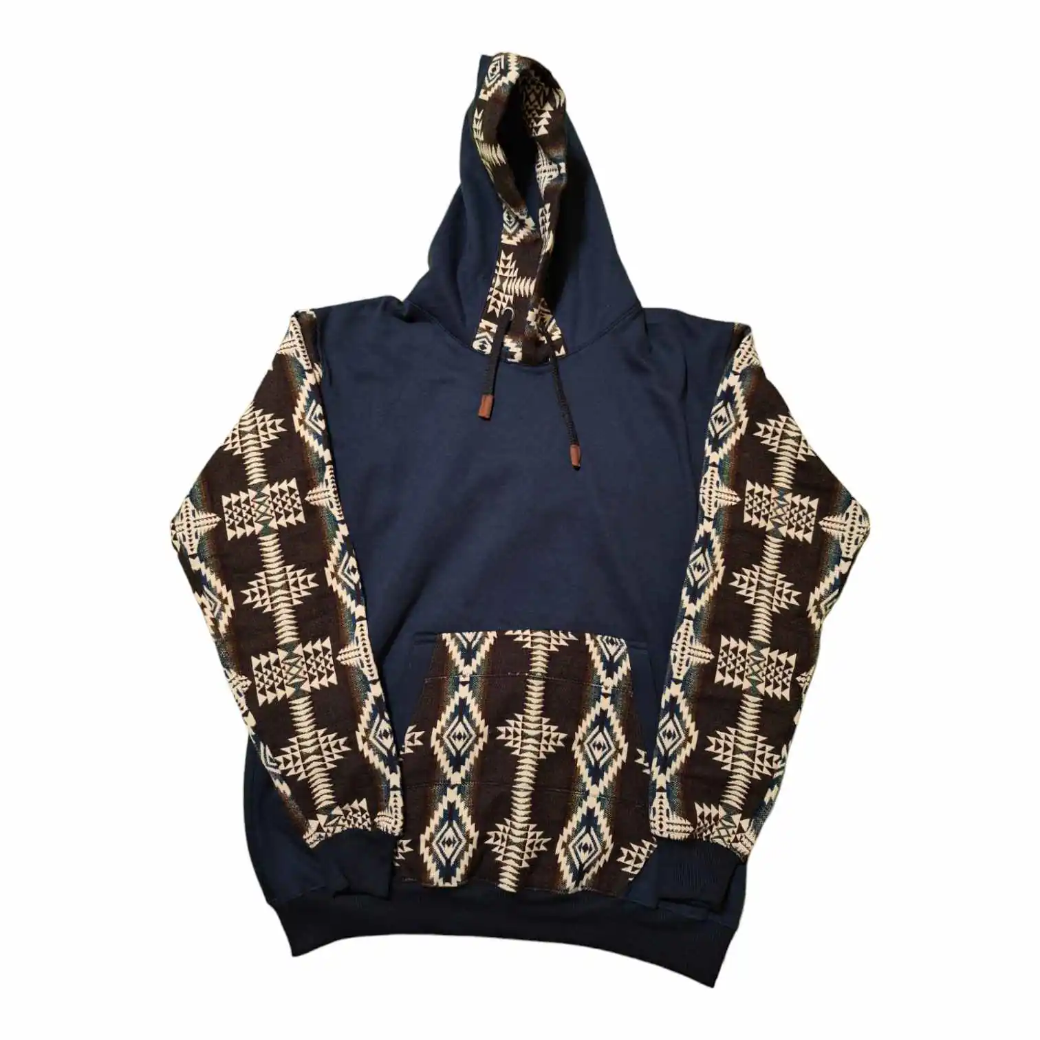 Alpaca Wool Hoodie Native Print with Plain Front Midnight Blue Large 1
