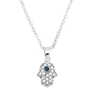 Hamsa Hand Necklace White Gold S1 Clear And Blue