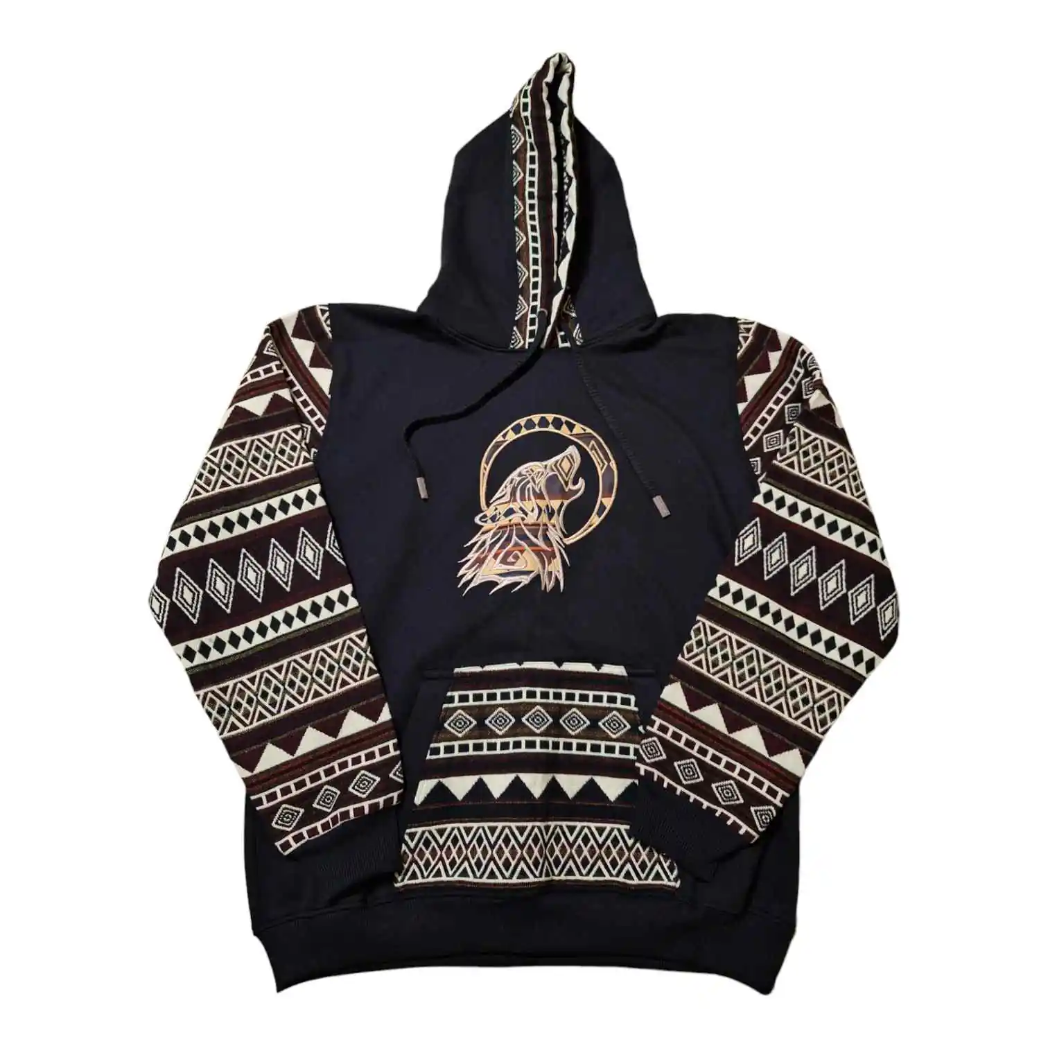Alpaca Wool Hoodie Native Print with Howling Wolf Head X-Large 1