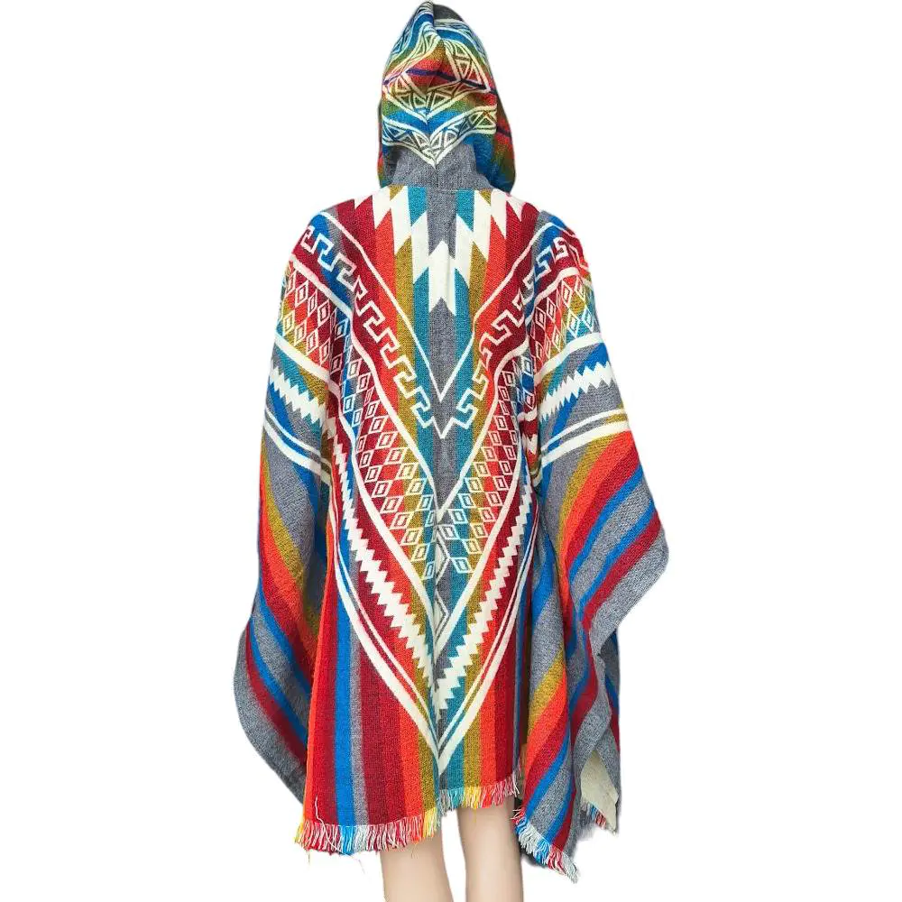 Alpaca Wool Poncho Geometric Red Style 3