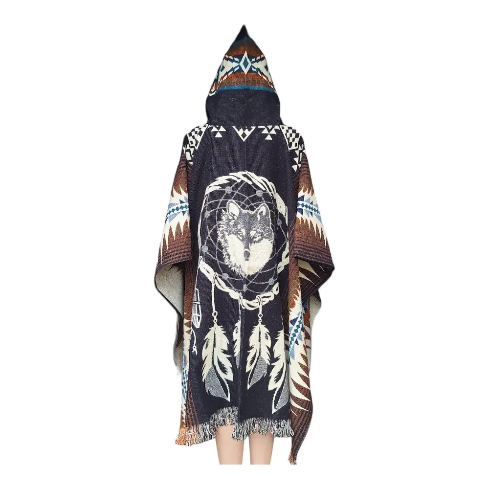 Alpaca Wool Poncho Black With Wolf Style 2