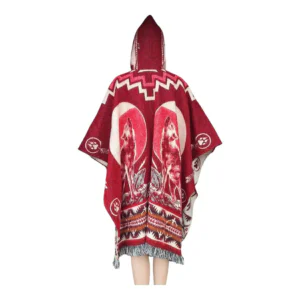 Alpaca Wool Poncho Red With Wolf Style 1